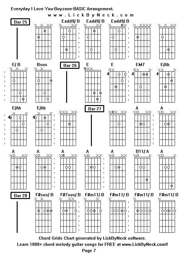 Chord Grids Chart of chord melody fingerstyle guitar song-Everyday I Love You-Boyzone-BASIC Arrangement,generated by LickByNeck software.